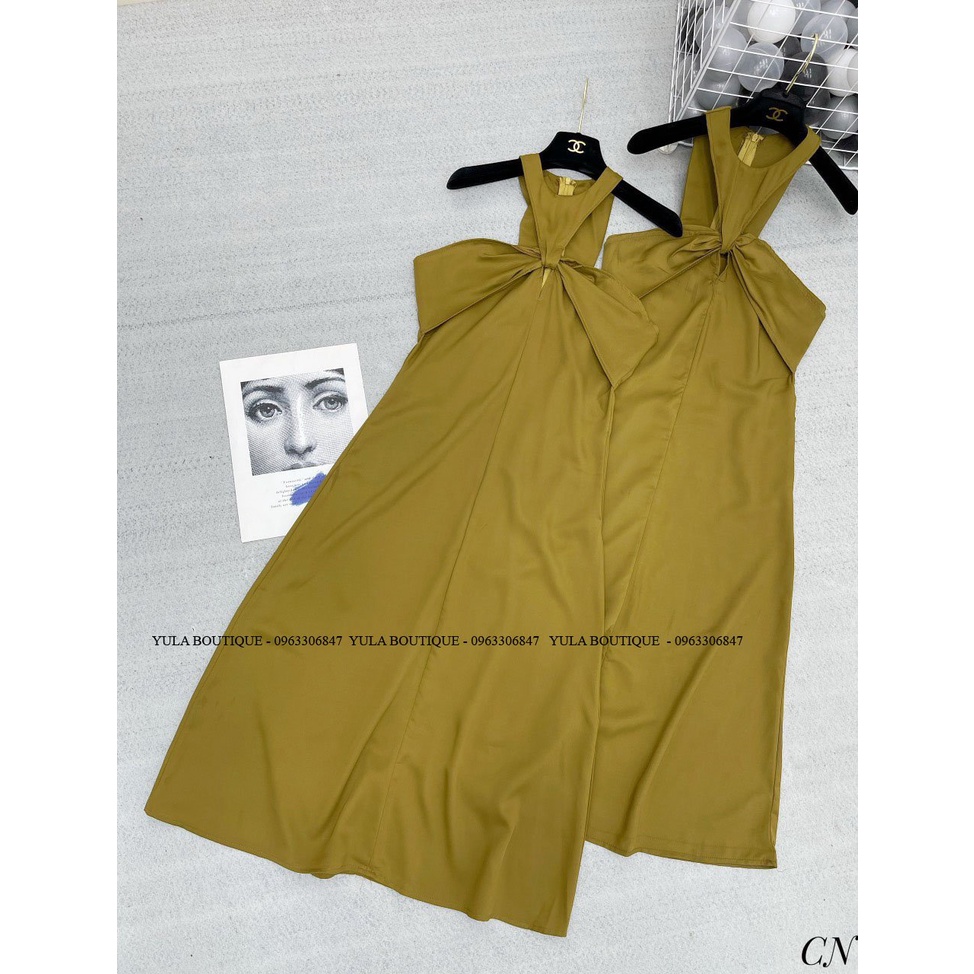 Đầm maxi cổ yếm xanh rêu, váy cổ yếm nơ ngực hàng loại 1 ( ảnh thật)