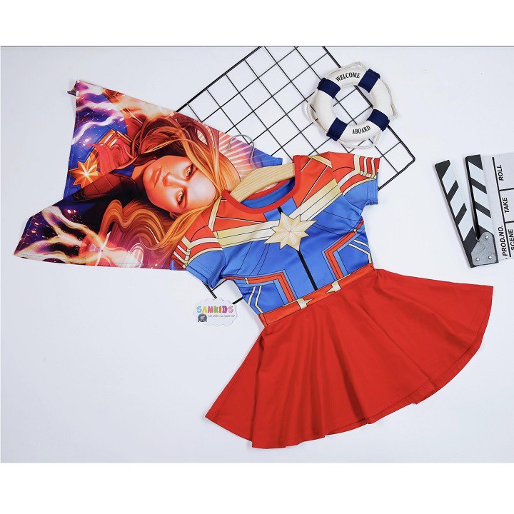 HM0715 - Đầm Thun Hóa Trang Nữ Siêu Anh Hùng Captain Marvel Cho Bé Gái
