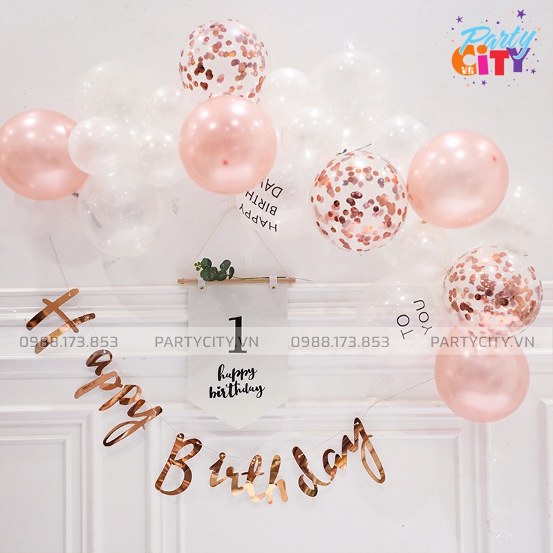 【PartyCityvn】Set Trang Trí Sinh Nhật Hàn Quốc Bóng Bay Màu Rose Gold Đẹp Sang Cho Bé Trai, Bé Gái Và Người Lớn