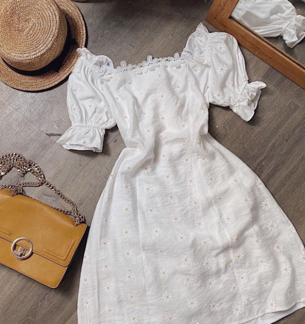 Đầm hoa cúc trắng cổ vuông tay phồng ⚡VIDEO THẬT ⚡HÀNG SẴN DSRT1199