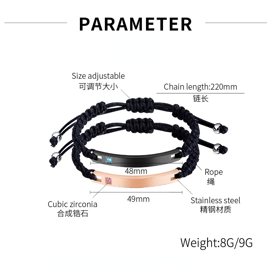 Vòng Tay Dây Bện Bằng Thép Titan Đính Đá Zircon Thời Trang Có Thể Điều Chỉnh Cho Cặp Đôi / Tình Bạn DIY