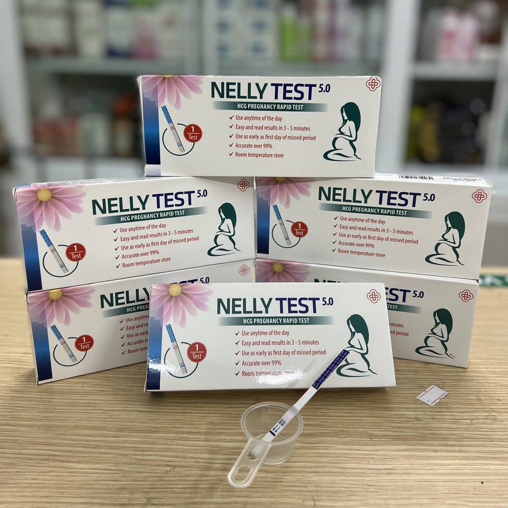 Que thử thai  NELLY TEST, que có bản to 5.0mm và cốc có tay cầm, cho kết quả nhanh chính xác sau 7 ngày