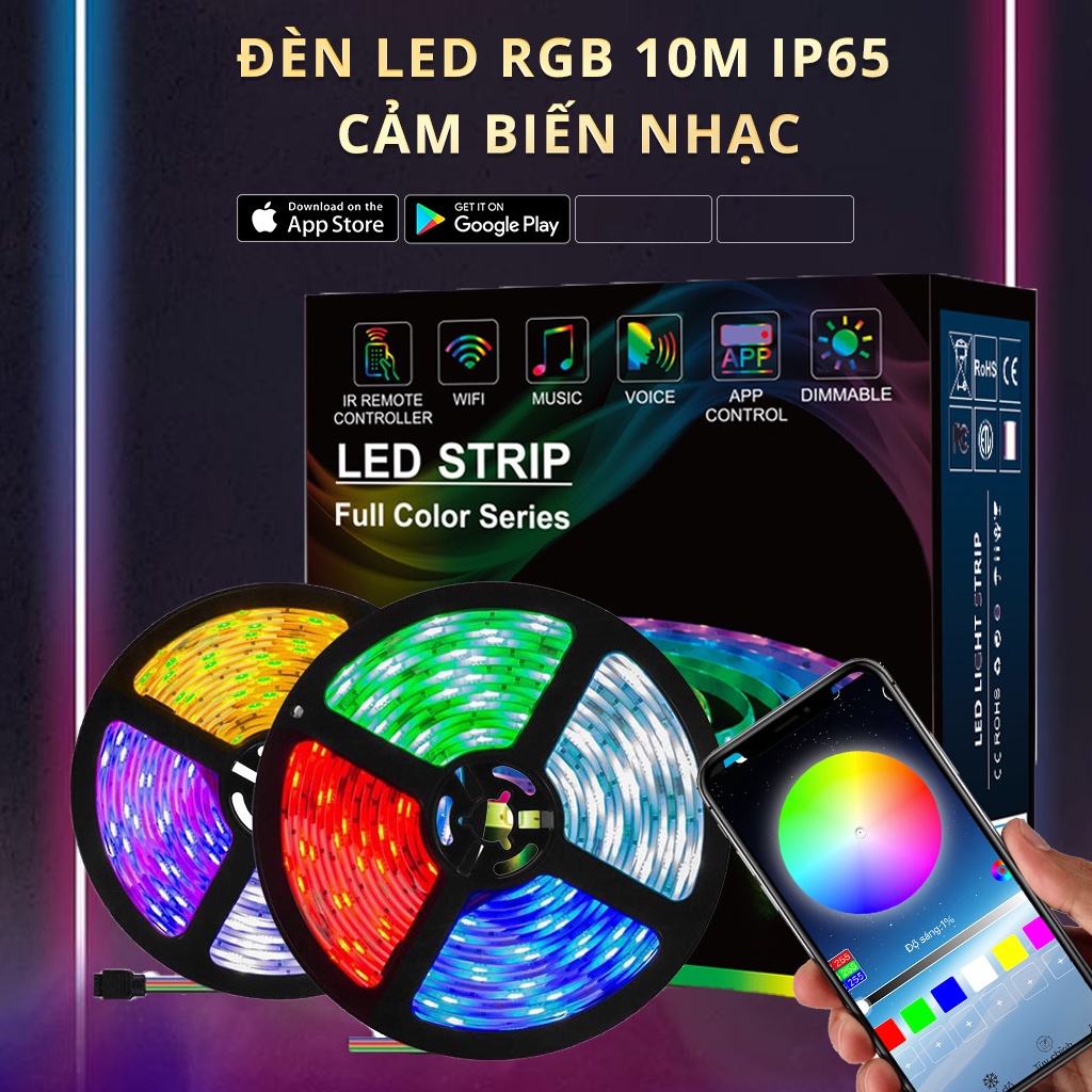 Đèn led RGB 10m IP65 dùng app cảm biến nhạc, đèn led TikTok, kết nối bluetooth dùng để dán trần hắt sáng tạo hiệu ứng,..