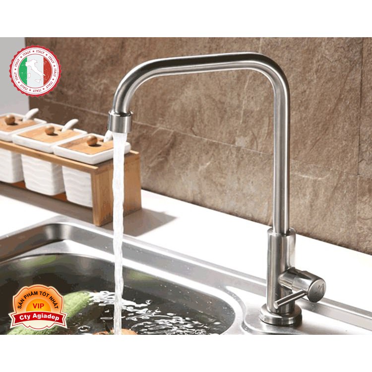 Vòi rửa chén (chỉ lạnh, cổ vuông, hơi nhỏ cao 31cm) SUS304 + dây cấp - Cao cấp ITALIA