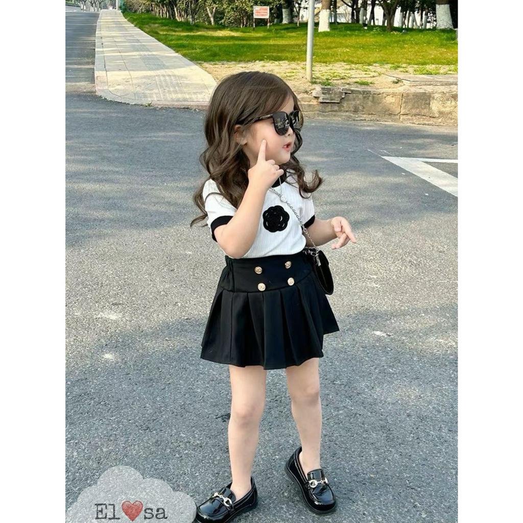 Quần áo bé gái- Set Áo Hoa Trà Mix Chân Váy Ly Xinh Xắn Cho Bé 1-8 Tuổi