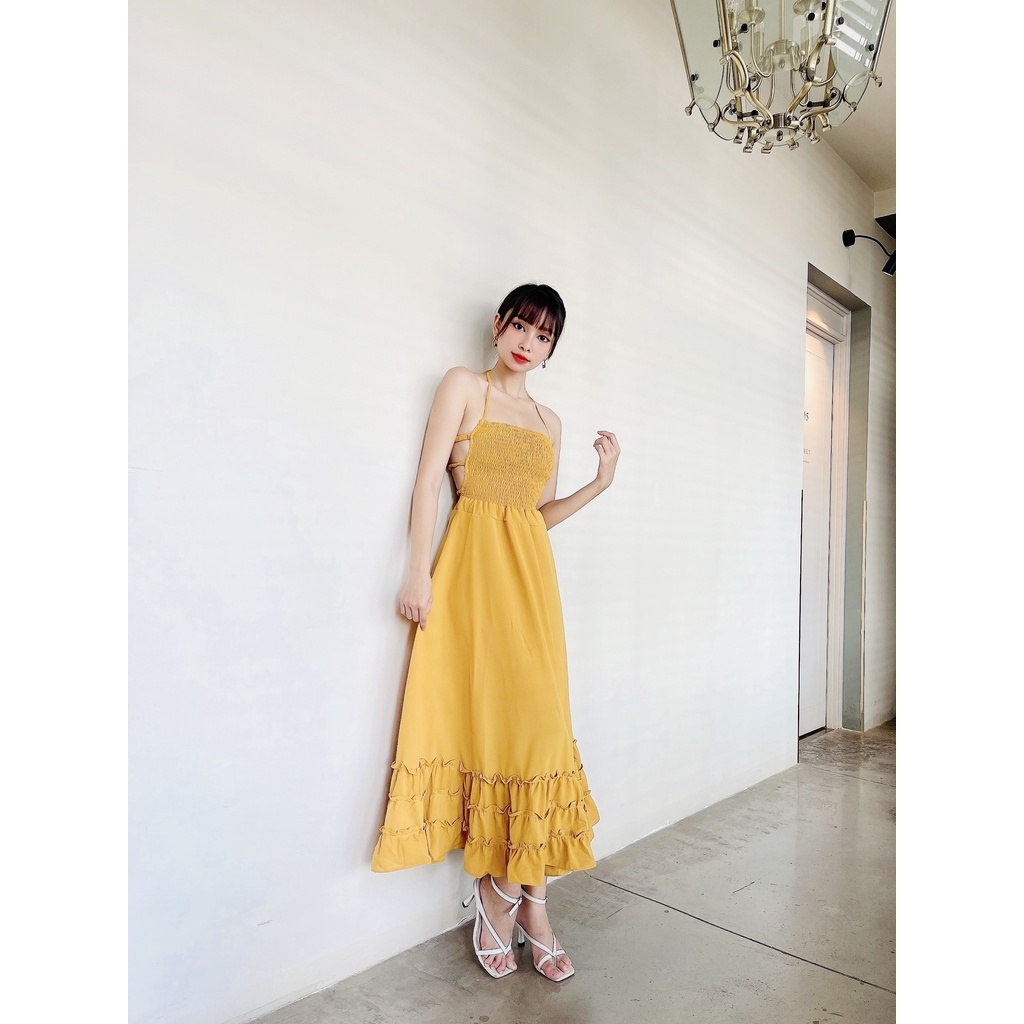 [FREESHIP] Đầm Maxi Vàng Nhún Ngực Hở Lưng