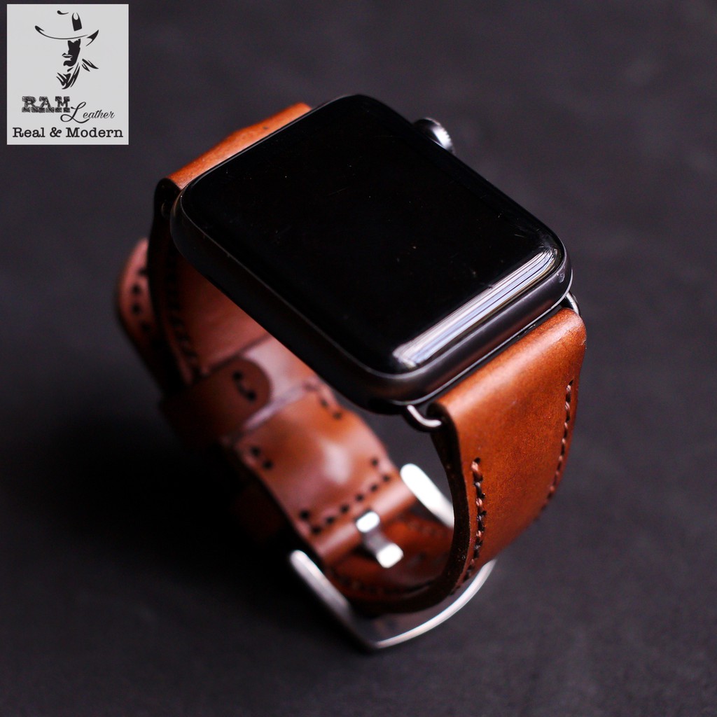 Dây apple watch da bò thật nâu đỏ handmade bền chắc cực đẹp RAM Leather bauhaus 1980 - tặng khóa chốt và adapter