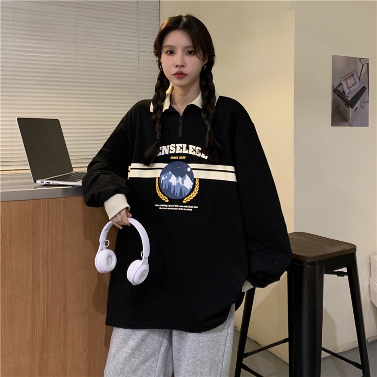 Áo Sweater Tay Dài Oversize In Họa Tiết Thời Trang Hàn Quốc Cho Nữ