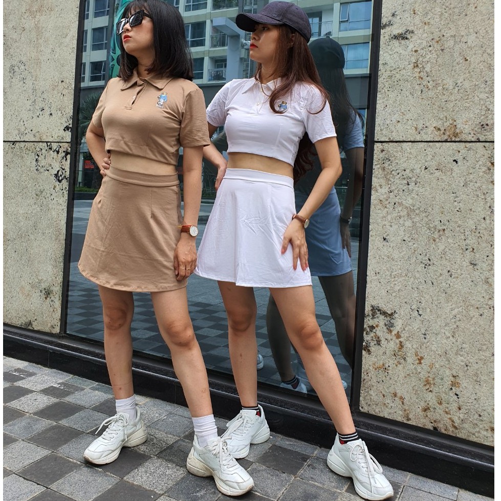 (Ảnh Thật) Set Chân Váy Chữ A Áo Croptop Cổ Sơ Mi Thể Thao Ulzzang Bộ Đồ Nữ Trắng / Nâu Freesize SET001