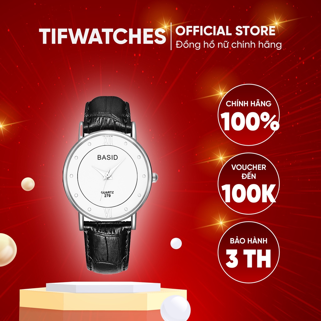 Đồng hồ cặp nam nữ dây da cá sấu BASID ĐÍNH ĐÁ đen mặt trắng đồng hồ đôi chính hãng Watchesbytif size 30mm & size 38mm