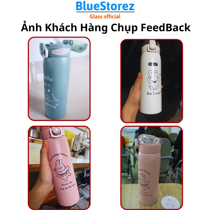 Bình giữ nhiệt 500ml, Bình nước mini inox có ống hút tiện dụng cho bé đi học kèm Dây +Sticker -BlueStore