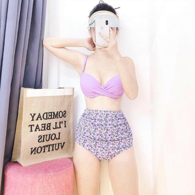 Bikini đi biển áo ốc xoắn gọng đệm dày- quần cạp cao ( tím hoa sim-hoa) | BigBuy360 - bigbuy360.vn