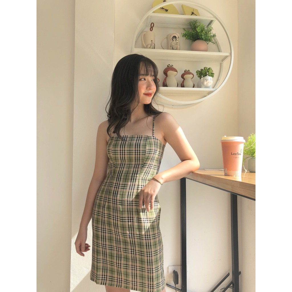 VÁY 2 DÂY KẺ CHUN LƯNG QUẢNG CHÂU - ĐẦM 2 DÂY CARO ULZZANG