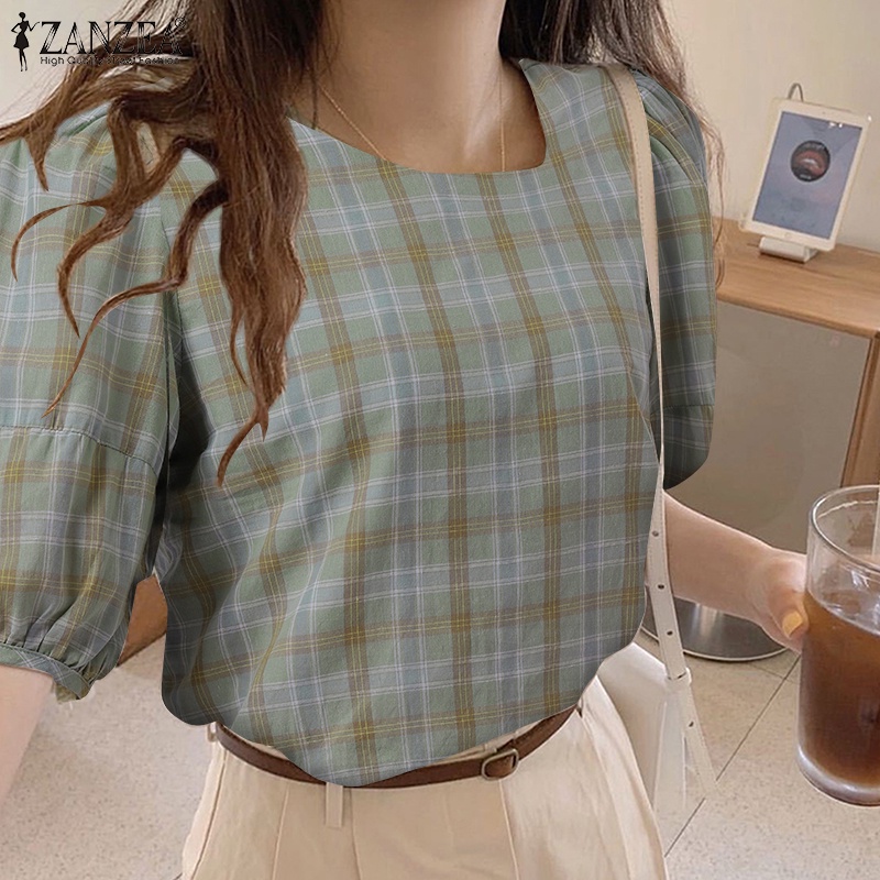 ZANZEA Áo Kiểu Cổ Tròn Tay 3/4 Họa Tiết Kẻ Ô Thời Trang Cho Nữ