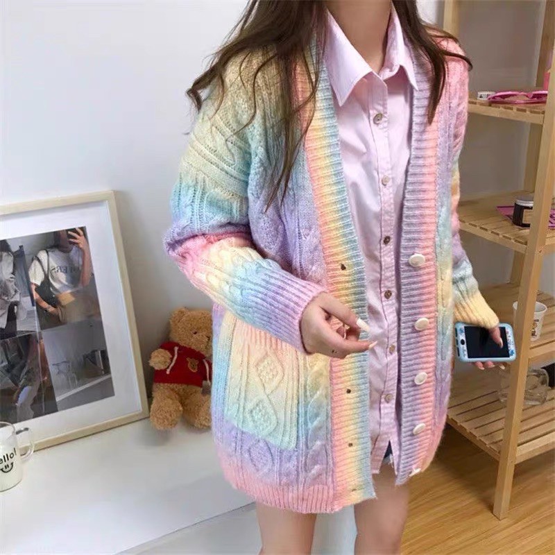 Áo khoác len màu cầu vồng Rainbow cardigan phiên bản dài phong cách ulzzang | BigBuy360 - bigbuy360.vn