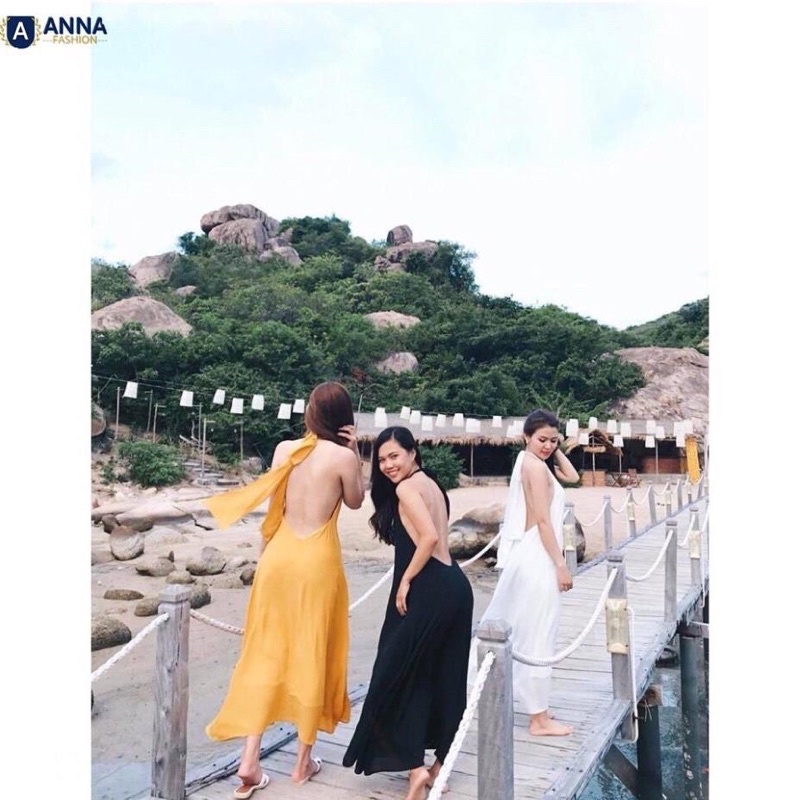 Đầm hai dây cổ yếm maxi 2 lớp quyến rũ