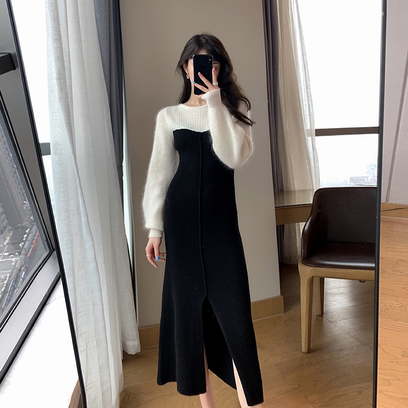 Đầm sweater Dệt Kim Xẻ Tà Màu Đen Thời Trang Thu Đông 2022 Phong Cách Pháp Cổ Điển Dành Cho Nữ