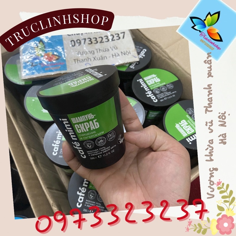Dầu gội tẩy da chết Cafe Mimi Shampoo Scrub Super Volumn Cleansing màu xanh lá dành cho tóc dầu đến siêu dầu 330 ml