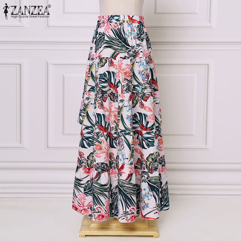 Chân Váy Dài ZANZEA In Hoa Lưng Co Giãn Vạt Trước Ngắn Vạt Sau Dài Dáng Rộng Cho Nữ