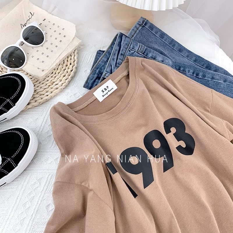 Áo phông 3158, áo thun tay lỡ form rộng chất cotton in số 1993