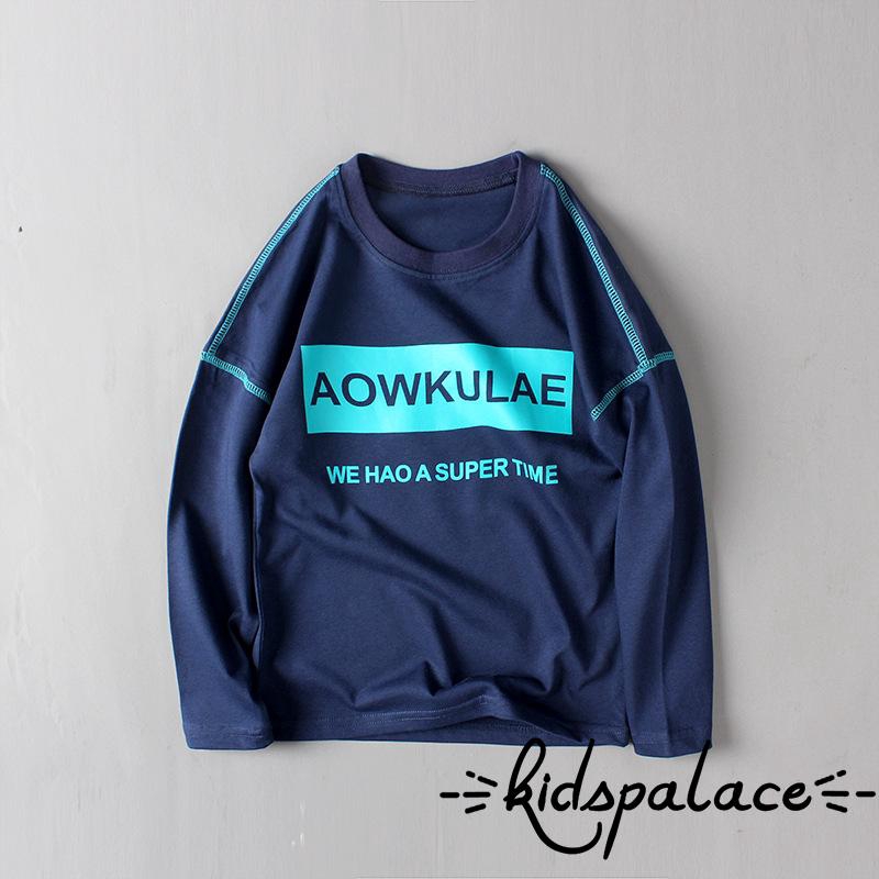 ➤♕❀❤Long Sleeve Child Hit Color Cotton Round Collar Letter Print Spring and Autumn Child Student Long Sleeve Top