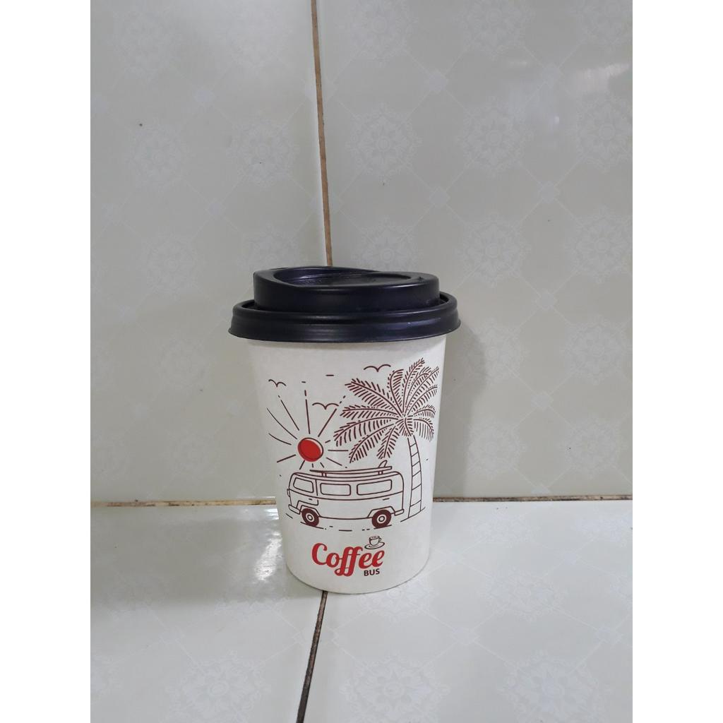 Ly giấy 360ml - 14oz mẫu COFFEE BUS, Set 100 cái kèm nắp