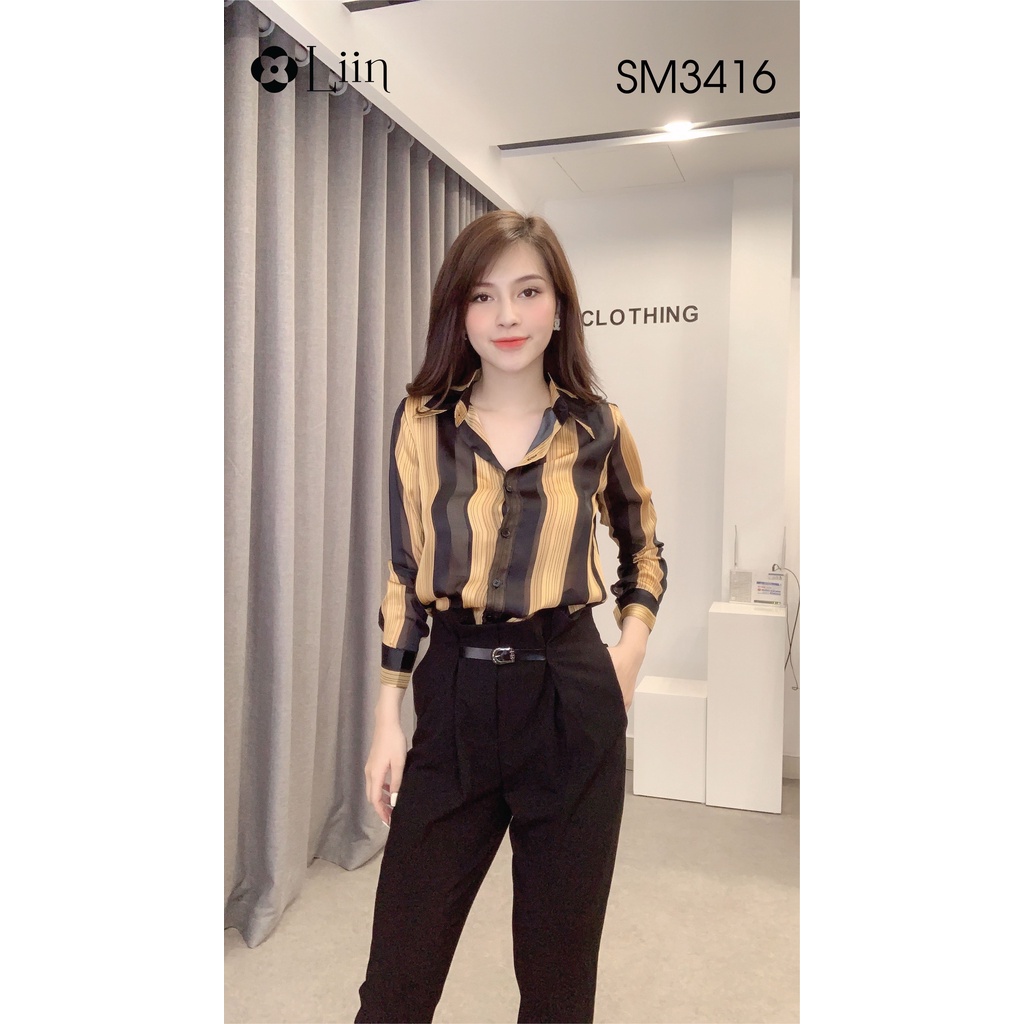 Áo sơ mi Tơ Đen phối Sọc thiết kế dài tay chất liệu lụa trượt cao cấp Liin Clothing SM3416