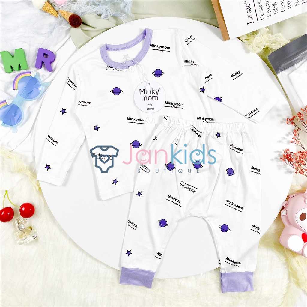 Bộ sơ sinh dài tay cúc giữa chất thun lạnh MINKY MOM quần đáp đũng, in hình dê thương cho bé