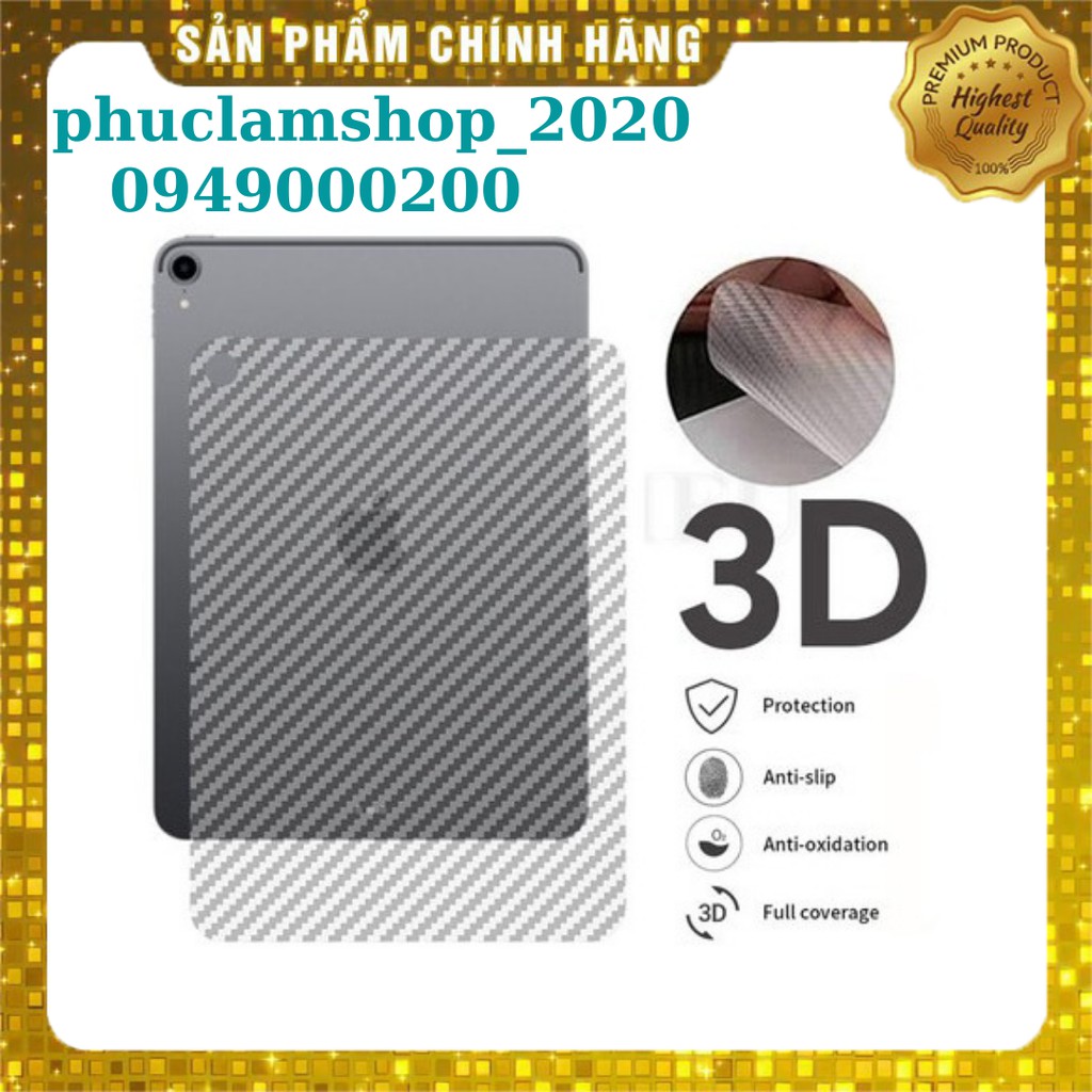 Dán vân Carbon 3D mặt lưng cho iPad Pro 11.0/12.9 inch 2018/2020/2021/10.9/10.5/10.2/Gen 7/8/9.7/Air/Mini 1/2/3/4/5