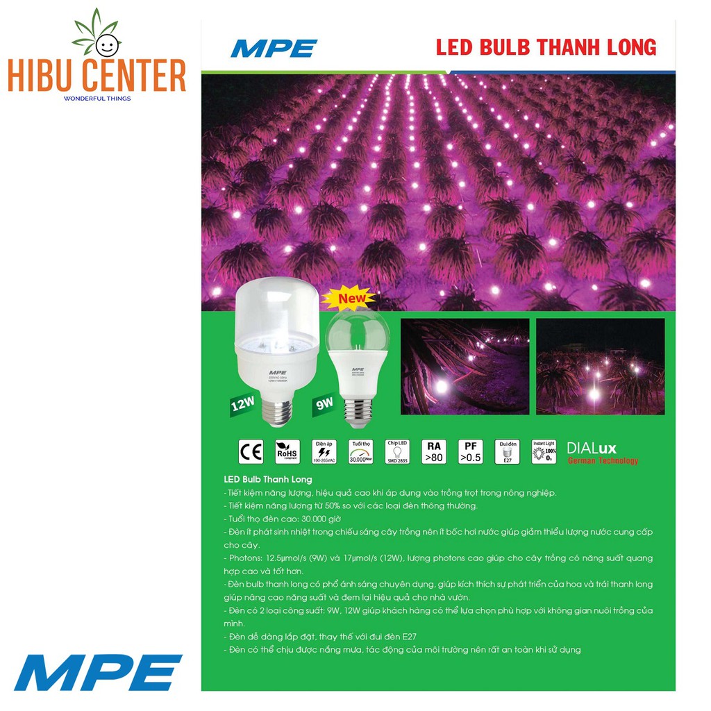 Đèn LED Bulb Thanh Long MPE 9W/ 12W Lượng Photons Cao Giúp Cho Cây Trồng Có Năng Suất Quang Hợp Cao Và Tốt Hơn