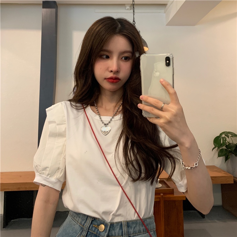 Áo Thun Tay Ngắn Cổ Tròn Phối Bèo Nhún Đơn Giản Phong Cách Hàn Quốc
