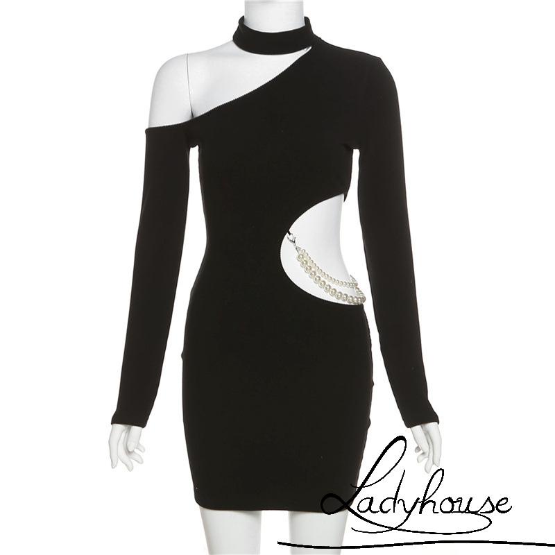 Đầm Ngắn Tay Dài Hở Vai Màu Trơn Đính Ngọc Trai Giả Thời Trang Mùa Thu Dành Cho Nữ