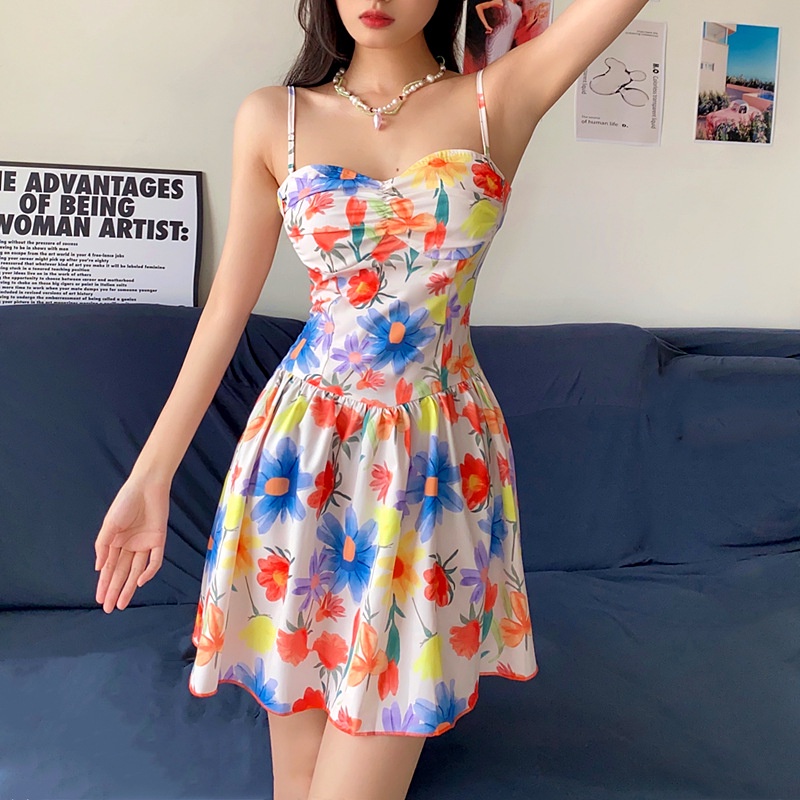 Đầm Hai Dây Hở Lưng In Hoa Phong Cách Pháp Ngọt Ngào Dành Cho Nữ