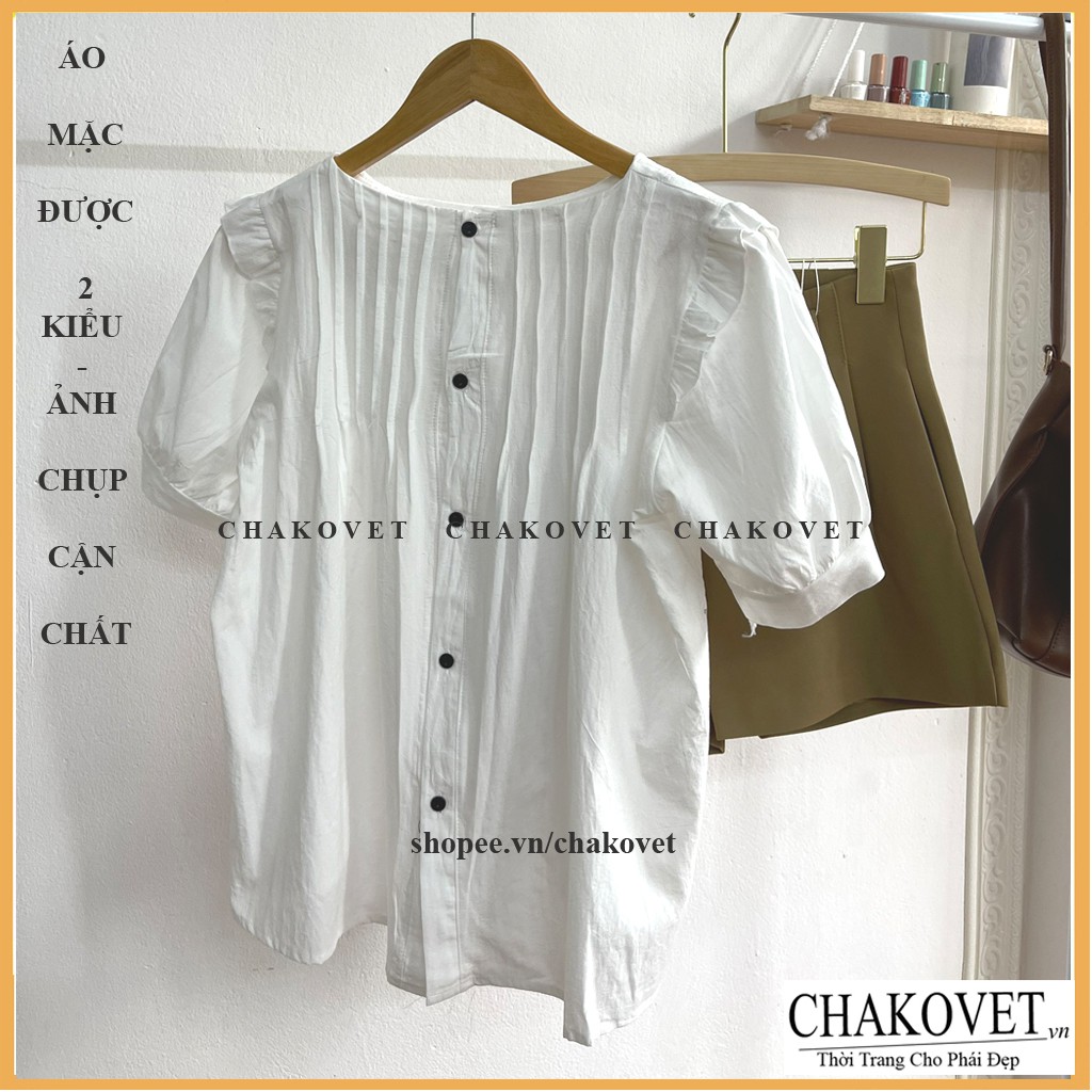 Áo babydoll xếp li ngực điệu đà phong cách Hàn Quốc cka818, kiểu áo sơ mi nữ trắng tay ngắn phối hàng cúc phía sau
