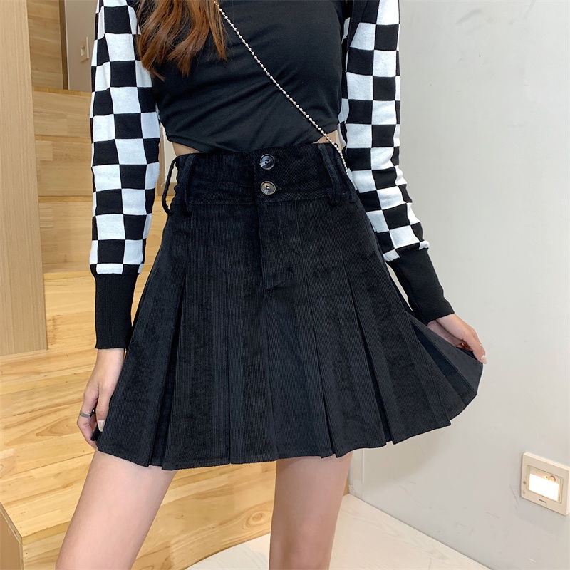 COZOK Chân váy nhung chữ A lưng cao xếp ly màu nâu thời trang cho nữ