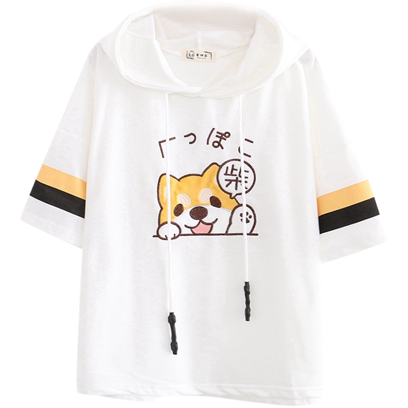 Áo Hoodie Ngắn Tay In Hình Chú Chó Shiba Dễ Thương Phong Cách Hàn Quốc Dành Cho Nữ