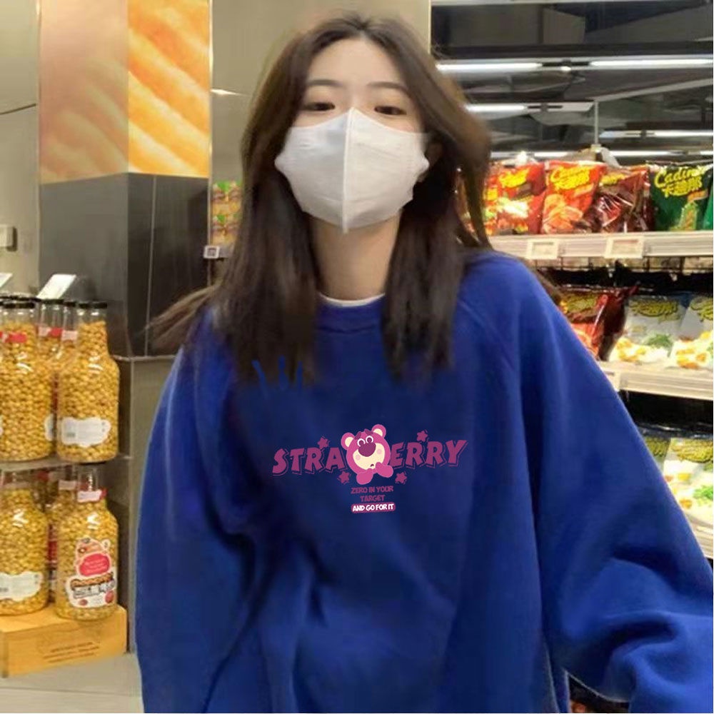 Áo Thun Sweater Mỏng Tay Dài Dáng Rộng In Hình Gấu / Dâu Tây Dễ Thương Cho Nữ