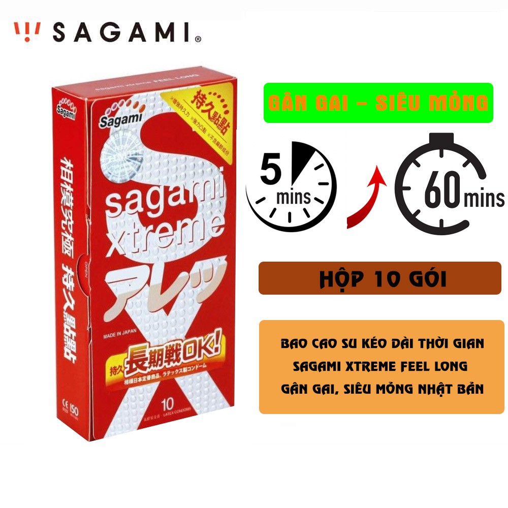 Bao Cao Su Kéo Dài Thời Gian SAGAMI Xtreme Feel Long Gân Gai, Siêu Mỏng Nhật Bản (Hộp 10 gói)