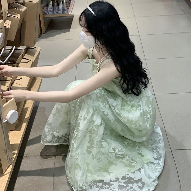 Đầm Hai Dây Dáng Vừa Phối Lưới Màu Xanh Lá Ngọt Ngào Thời Trang Cho Nữ a 7.11
