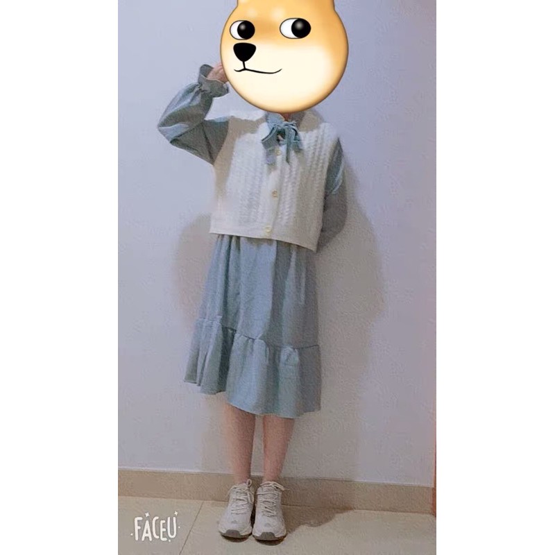 Set Áo gile Váy trắng dài babydoll nhung tăm bánh bèo tay bồng thắt nơ