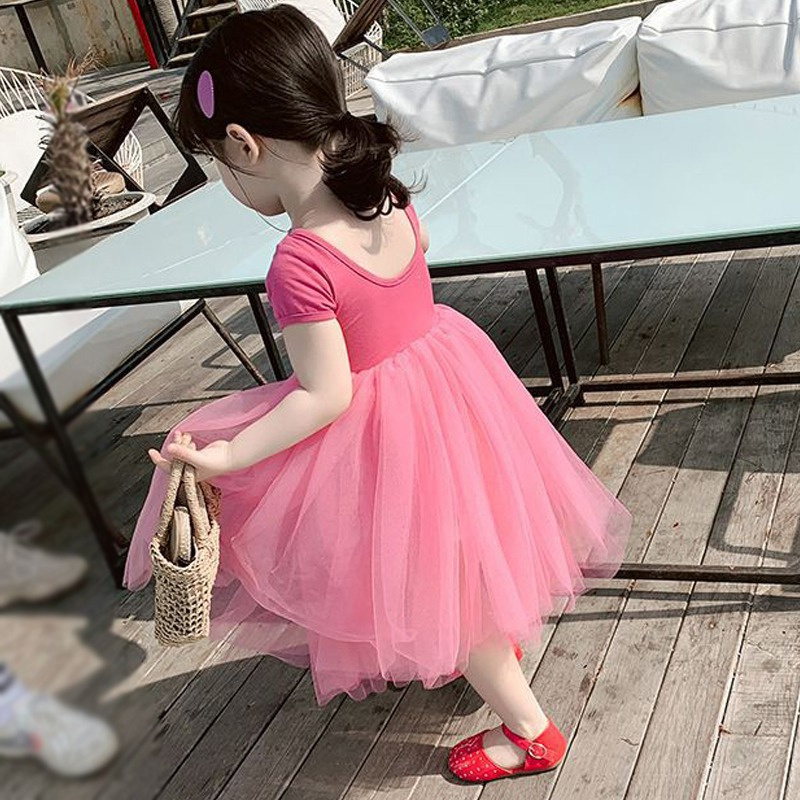 Đầm Tay Ngắn Cổ Tròn Phối Lưới Phong Cách Hàn Quốc Ngọt Ngào Cho Bé Gái