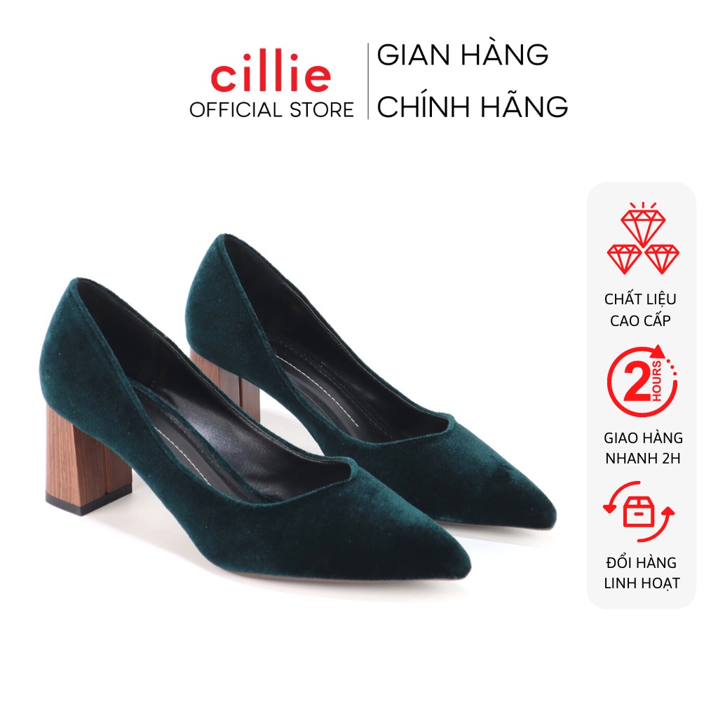 Giày cao gót nữ mũi nhọn thanh lịch phối nhung sang trọng gót trụ vân gỗ cao 7cm Cillie 1109