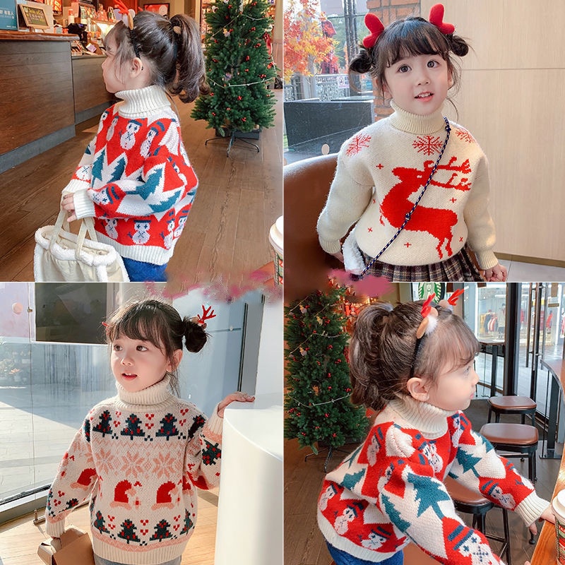 Áo len trắng đỏ cổ lọ họa tiết Noel Giáng Sinh Xmas cho bé gái  N01274