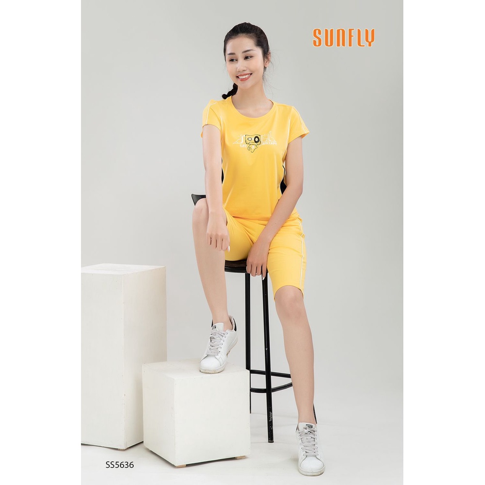 Bộ đồ thể thao mặc nhà nữ SUNFLY chất cotton áo cộc, quần trên gối SS5636