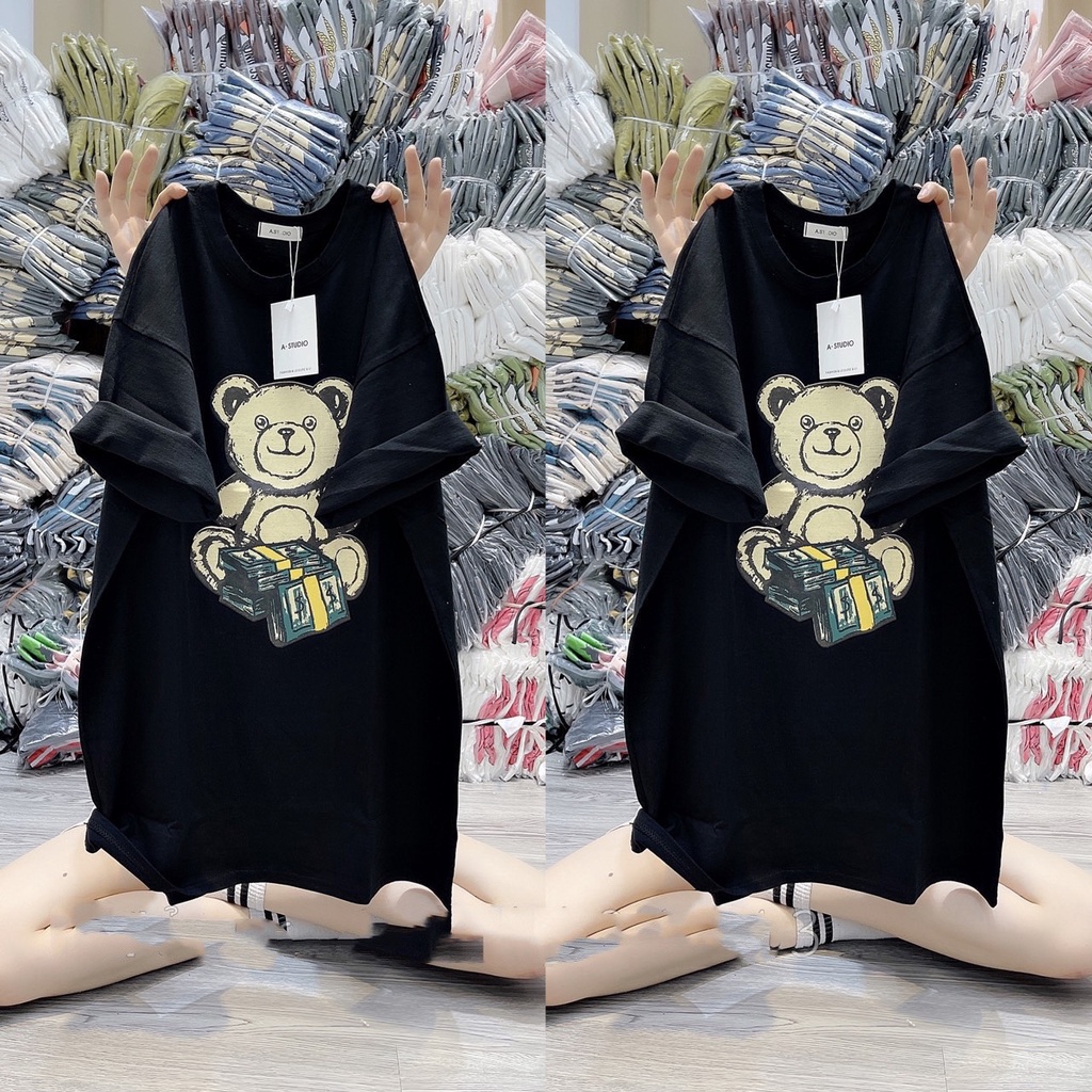 Áo Phông Coton Khô Hình Gấu Form Rộng Unisex Nam Nữ