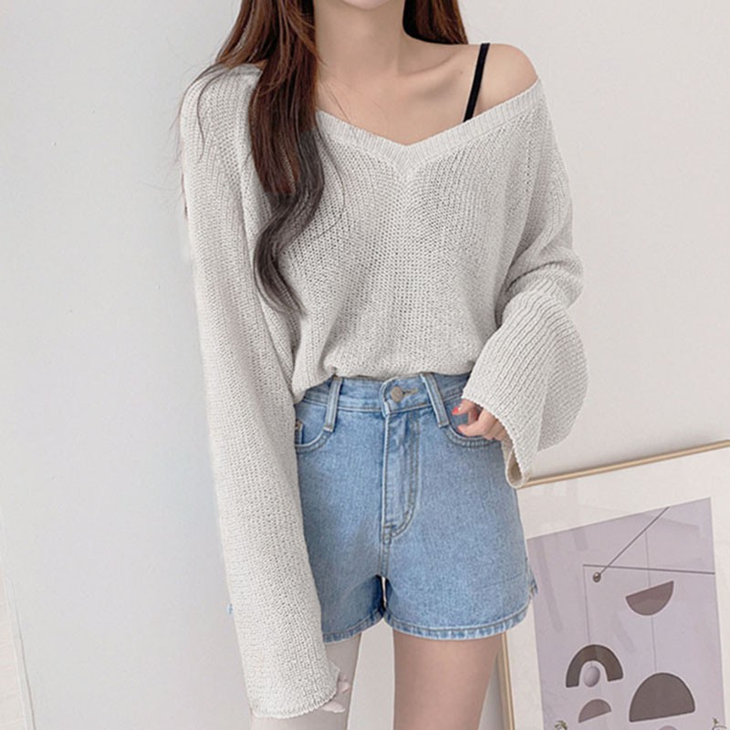 Áo sweater kiểu mỏng tay dài dáng rộng phong cách Hàn Quốc xinh xắn cho nữ