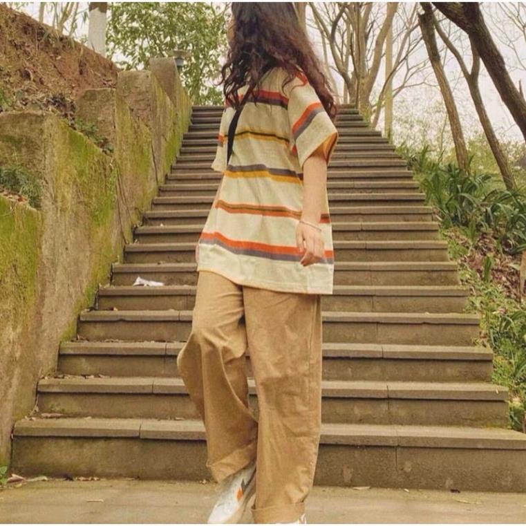 Set Áo Thun Kẻ Quần Kaki Nâu Nữ [FREESHIP]  Bộ Đồ Phông Form Rộng Tay Lỡ Culottes Suông Ống Rộng Ulzzang