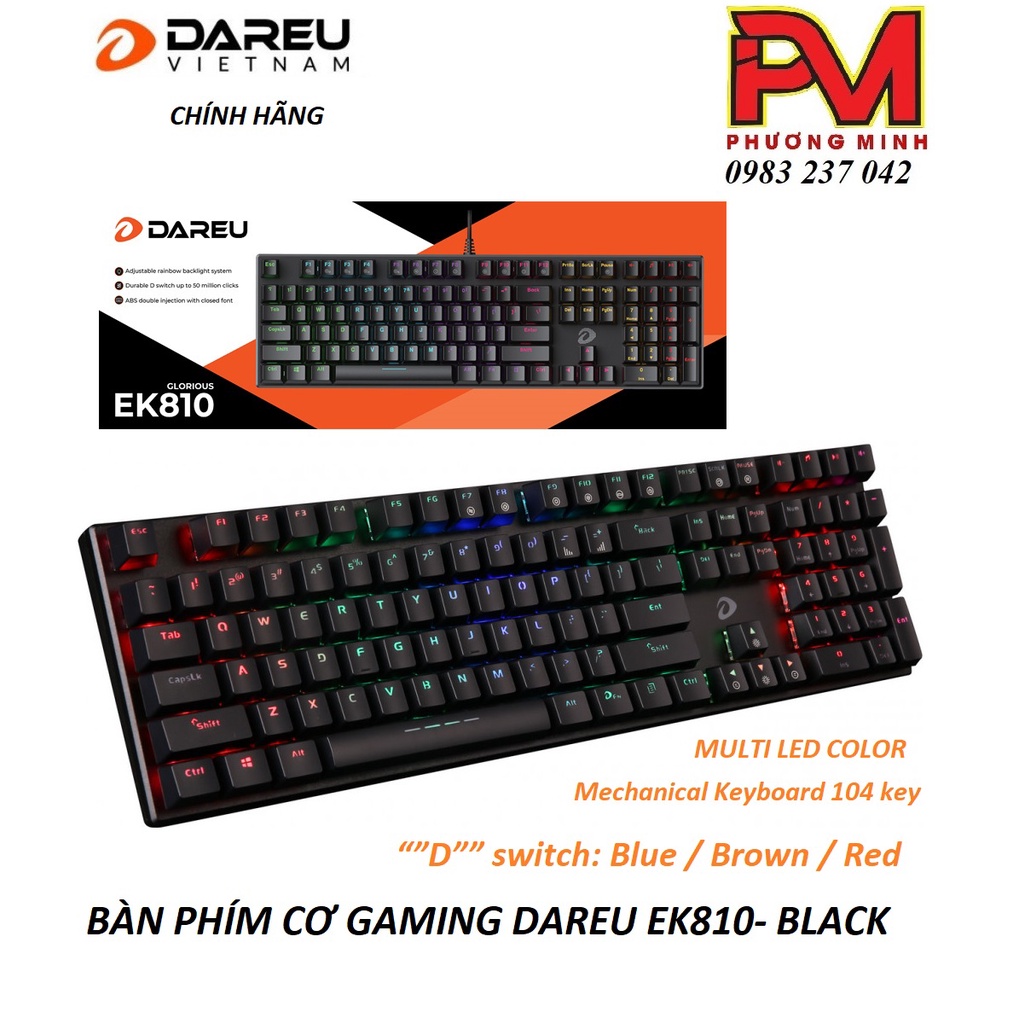 Bàn phím cơ Gaming DAREU EK810 – Black (MULTI-LED, Blue/ Brown/ Red D switch) - Hàng chính hãng