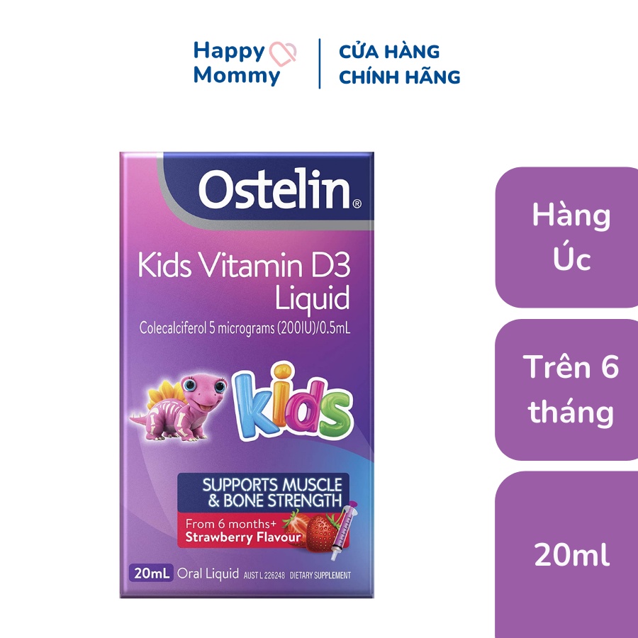 Vitamin D3 Ostelin Kids Liquid Úc 20ml dạng nước vị dâu cho trẻ từ 6 tháng đến 12 tuổi
