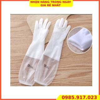 Găng tay rửa chén bát lót nỉ siêu dai - Cổ cao - Có chun chống tụt